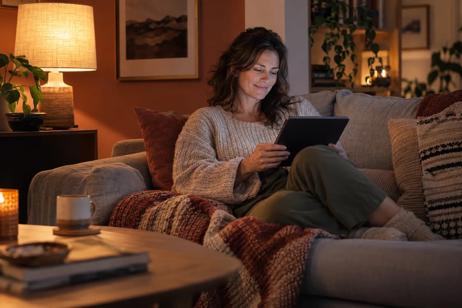Person using a tablet at home